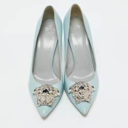 Versace Light Blue Leather Medusa Pointed Toe Pumps Size 39
