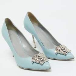 Versace Light Blue Leather Medusa Pointed Toe Pumps Size 39