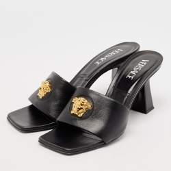 Versace Black Leather La Medusa Slide Sandals Size 39