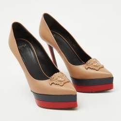 Versace Beige Leather Medusa Head Palazzo Platform Pumps Size 38