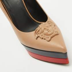 Versace Beige Leather Medusa Head Palazzo Platform Pumps Size 38