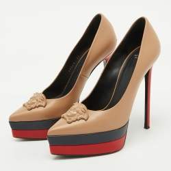 Versace Beige Leather Medusa Head Palazzo Platform Pumps Size 38