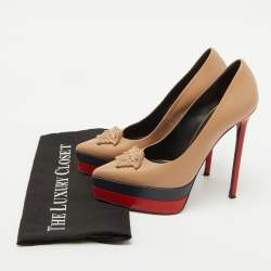 Versace Beige Leather Medusa Head Palazzo Platform Pumps Size 38