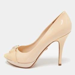 Versace Beige Patent Leather Medusa Peep Toe Pumps Size 38.5