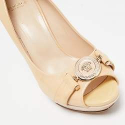 Versace Beige Patent Leather Medusa Peep Toe Pumps Size 38.5