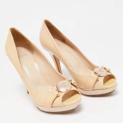 Versace Beige Patent Leather Medusa Peep Toe Pumps Size 38.5