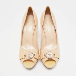 Versace Beige Patent Leather Medusa Peep Toe Pumps Size 38.5