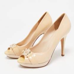 Versace Beige Patent Leather Medusa Peep Toe Pumps Size 38.5