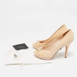 Versace Beige Patent Leather Medusa Peep Toe Pumps Size 38.5
