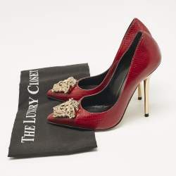 Versace Red Snakeskin Leather Medusa Pointed Toe Pumps Size 35.5