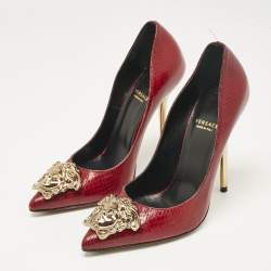 Versace Red Snakeskin Leather Medusa Pointed Toe Pumps Size 35.5