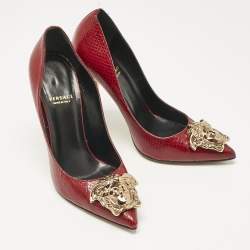 Versace Red Snakeskin Leather Medusa Pointed Toe Pumps Size 35.5