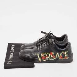 Versace Black Leather Floral Logo Low Top Sneakers Size 39
