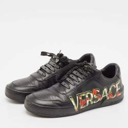 Versace Black Leather Floral Logo Low Top Sneakers Size 39