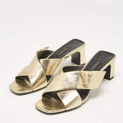 Versace Gold Leather Criss-Cross Slide Sandals Size 38.5