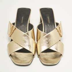 Versace Gold Leather Criss-Cross Slide Sandals Size 38.5