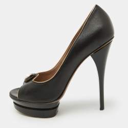 Versace Black Leather Crystal Peep Toe Platform Pumps Size 38.5