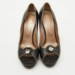 Versace Black Leather Crystal Peep Toe Platform Pumps Size 38.5