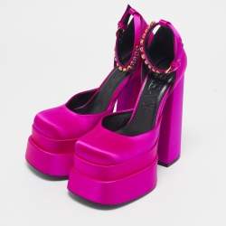 Versace Pink Satin Medusa Aevitas Platform Ankle Strap Pumps Size 37.5
