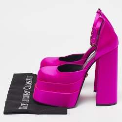 Versace Pink Satin Medusa Aevitas Platform Ankle Strap Pumps Size 37.5