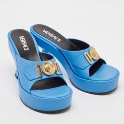 Pre Owned Versace Blue Leather Medusa Biggie Mules Size 38
