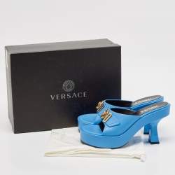 Pre Owned Versace Blue Leather Medusa Biggie Mules Size 38
