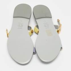 Pre Owned Versace Yellow/Purple Leather Medusa Stud Ankle Strap Flat Sandals Size 38