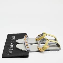 Pre Owned Versace Yellow/Purple Leather Medusa Stud Ankle Strap Flat Sandals Size 38