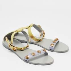 Pre Owned Versace Yellow/Purple Leather Medusa Stud Ankle Strap Flat Sandals Size 38