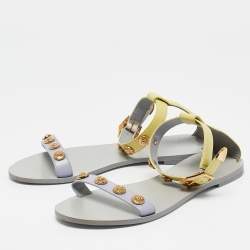 Pre Owned Versace Yellow/Purple Leather Medusa Stud Ankle Strap Flat Sandals Size 38