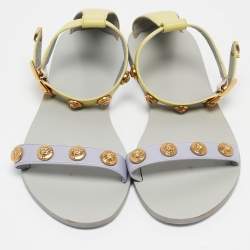 Pre Owned Versace Yellow/Purple Leather Medusa Stud Ankle Strap Flat Sandals Size 38