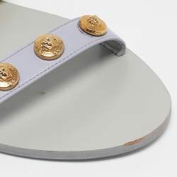 Pre Owned Versace Yellow/Purple Leather Medusa Stud Ankle Strap Flat Sandals Size 38