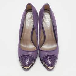 Versace Metallic Purple Python and Suede Platform Pumps Size 37