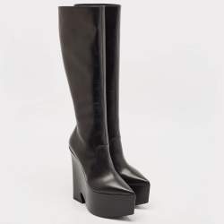 Pre Owned Versace Black Leather Platform Knee Length Boots Size 39