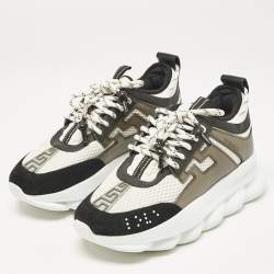 Versace Black/White Leather and Mesh Chain Reaction Sneakers Size 39