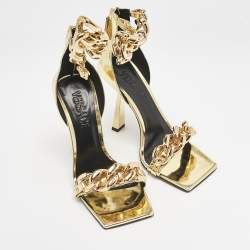 Versace Gold Patent Leather Medusa Chain Ankle Strap Sandals Size 35