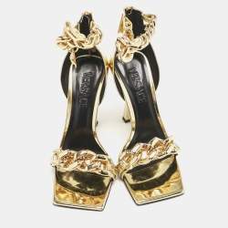 Versace Gold Patent Leather Medusa Chain Ankle Strap Sandals Size 35