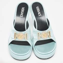 Versace Mint Green Satin Medusa Biggie Mules Size 40