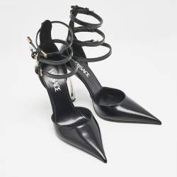 Versace Black Leather Decollete Triple Ankle Strap Pumps Size 37