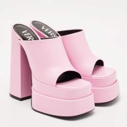 Pre Owned Versace Pink Leather Aevitas Double Platform Mules Size 38