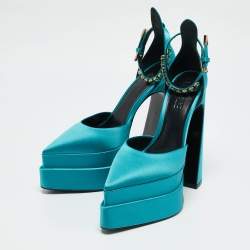 Versace Teal Blue Satin Aevitas Crystal Embellished Ankle Strap Platform Block Heel Pumps Size 39