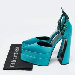Versace Teal Blue Satin Aevitas Crystal Embellished Ankle Strap Platform Block Heel Pumps Size 39