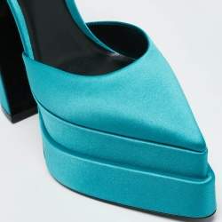 Versace Teal Blue Satin Aevitas Crystal Embellished Ankle Strap Platform Block Heel Pumps Size 39