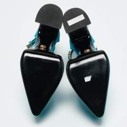 Versace Teal Blue Satin Aevitas Crystal Embellished Ankle Strap Platform Block Heel Pumps Size 39