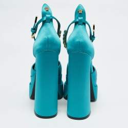 Versace Teal Blue Satin Aevitas Crystal Embellished Ankle Strap Platform Block Heel Pumps Size 39