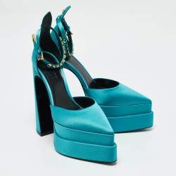 Versace Teal Blue Satin Aevitas Crystal Embellished Ankle Strap Platform Block Heel Pumps Size 39