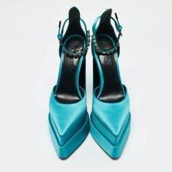 Versace Teal Blue Satin Aevitas Crystal Embellished Ankle Strap Platform Block Heel Pumps Size 39