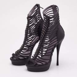 مملوكة مسبقًا حذاء بوت كاحل فرساتشي قفصي نعل سميك مقدمة مفتوحة جلد لامع ذهبي غير لامع ميتالك/ أسود مقاس 41