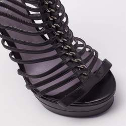 مملوكة مسبقًا حذاء بوت كاحل فرساتشي قفصي نعل سميك مقدمة مفتوحة جلد لامع ذهبي غير لامع ميتالك/ أسود مقاس 41