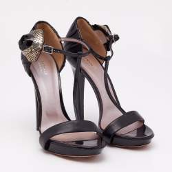 Versace Black Leather Flower Bow T- Strap Sandals Size 39        